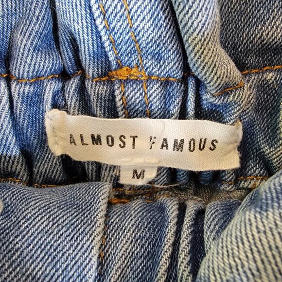 Almost Famous Womens Blue Denim Jean Shorts Size Medium Paperbag Waist Stretch - Picture 2 of 3